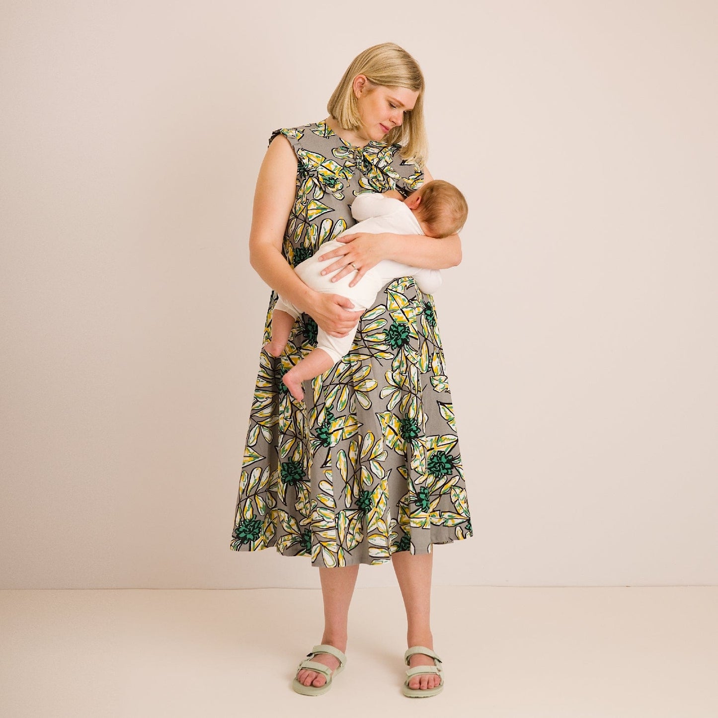Lucy Dress - Maternity + Breastfeeding friendly - Abstract Green Printed Linen
