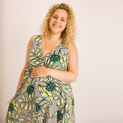 Lucy Dress - Maternity + Breastfeeding friendly - Abstract Green Printed Linen
