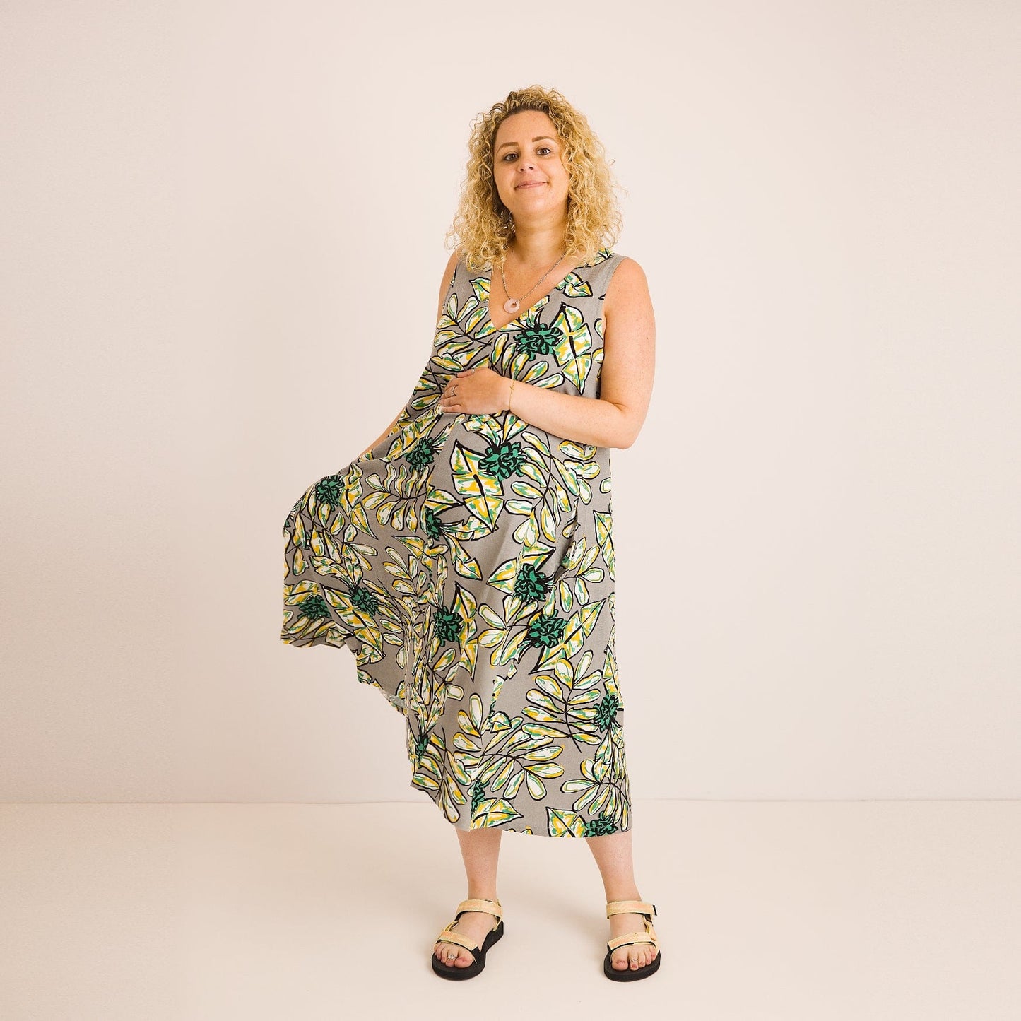 Lucy Dress - Maternity + Breastfeeding friendly - Abstract Green Printed Linen