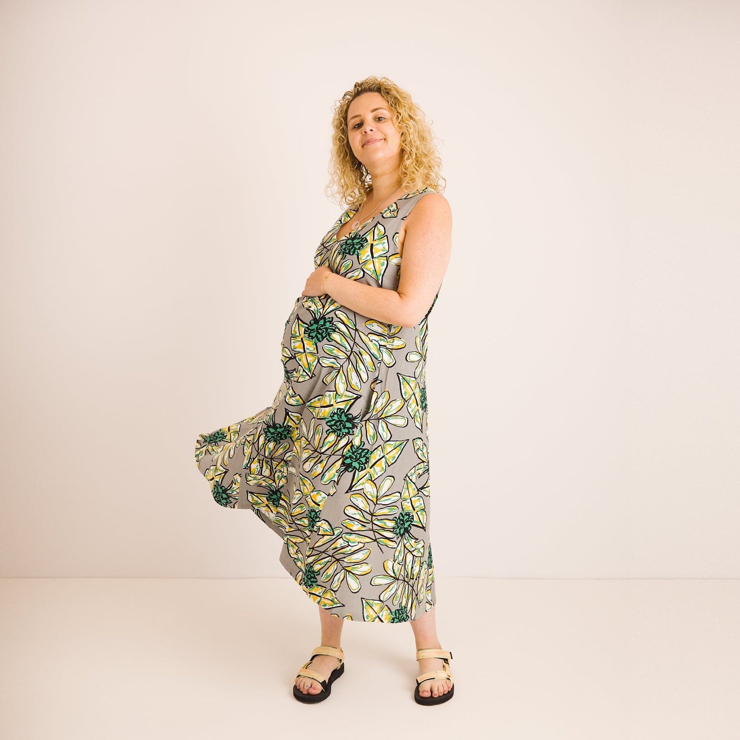 Lucy Dress - Maternity + Breastfeeding friendly - Abstract Green Printed Linen