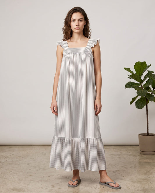Cotton Maxi Dress | Grey and White Stripe | Journy