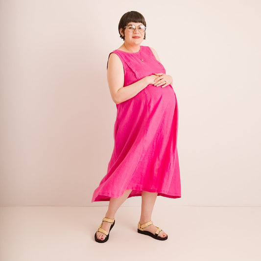 Lucy Dress - Maternity + Breastfeeding friendly - Pink Linen
