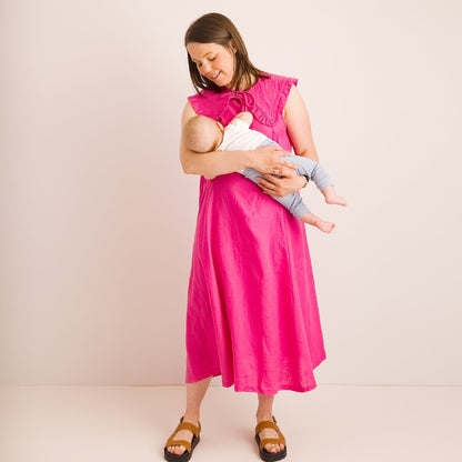 Lucy Dress - Maternity + Breastfeeding friendly - Pink Linen